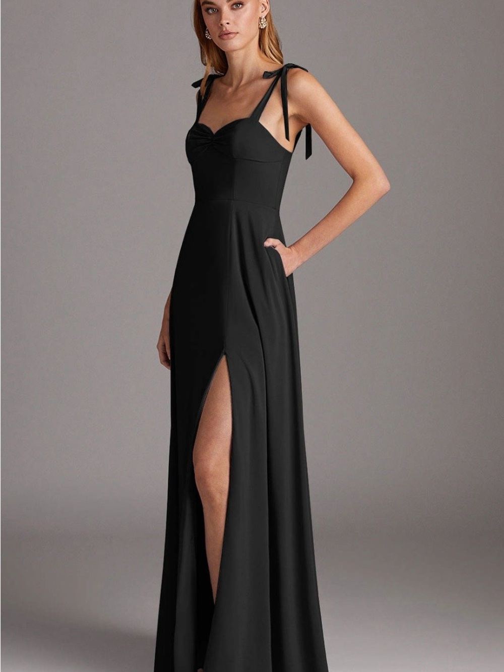 Azazie Marin Black Tie-Shoulder Maxi Dress with High Slit